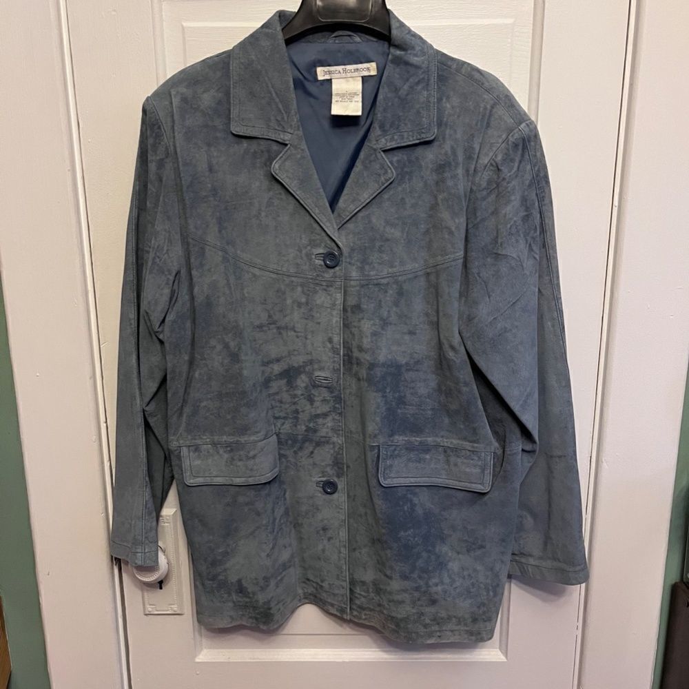 Jessica Holbrook Large 100% Suede Leather Jacket Coat LIKE NEW Lite Blue